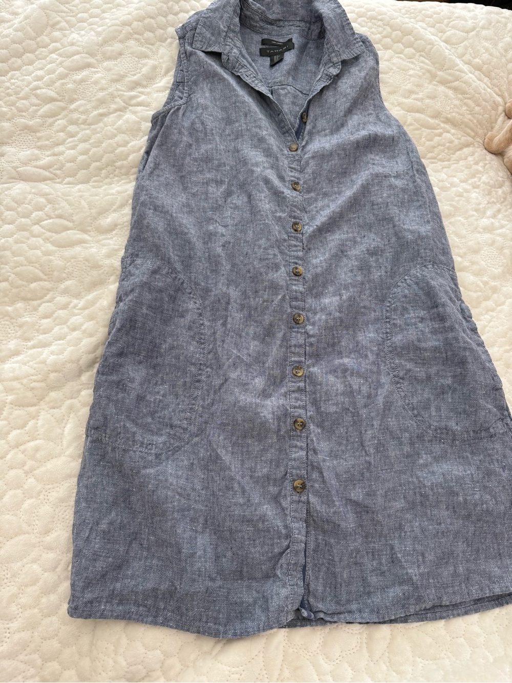 Tahari Sleeveless Chambray Button-Front A-Line Dress - Light Blue